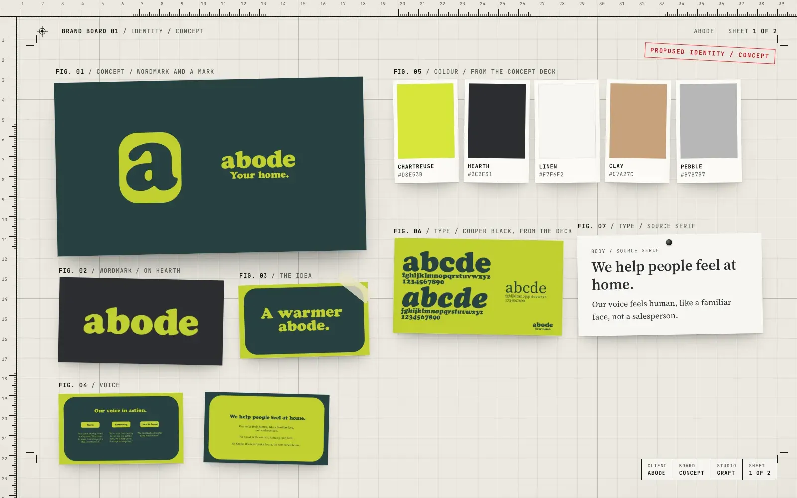 Abode identity concept: the lowercase abode wordmark and a mark in chartreuse on deep green, five concept colours, Cooper Black and Source Serif type, and tone of voice slides