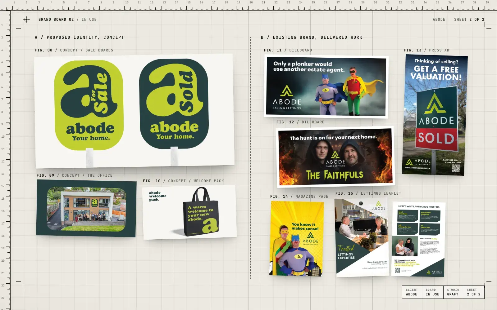 Abode in use. Left, the proposed identity concept on sale boards, the office and a welcome pack bag. Right, delivered work in the existing brand: two billboards, a press ad, a magazine page and a lettings leaflet