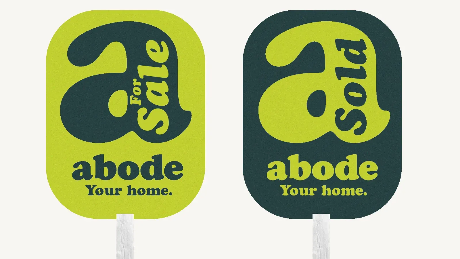 Two concept sale boards for the proposed Abode identity, a chartreuse For Sale board and a deep green Sold board, each built around a big lowercase a.