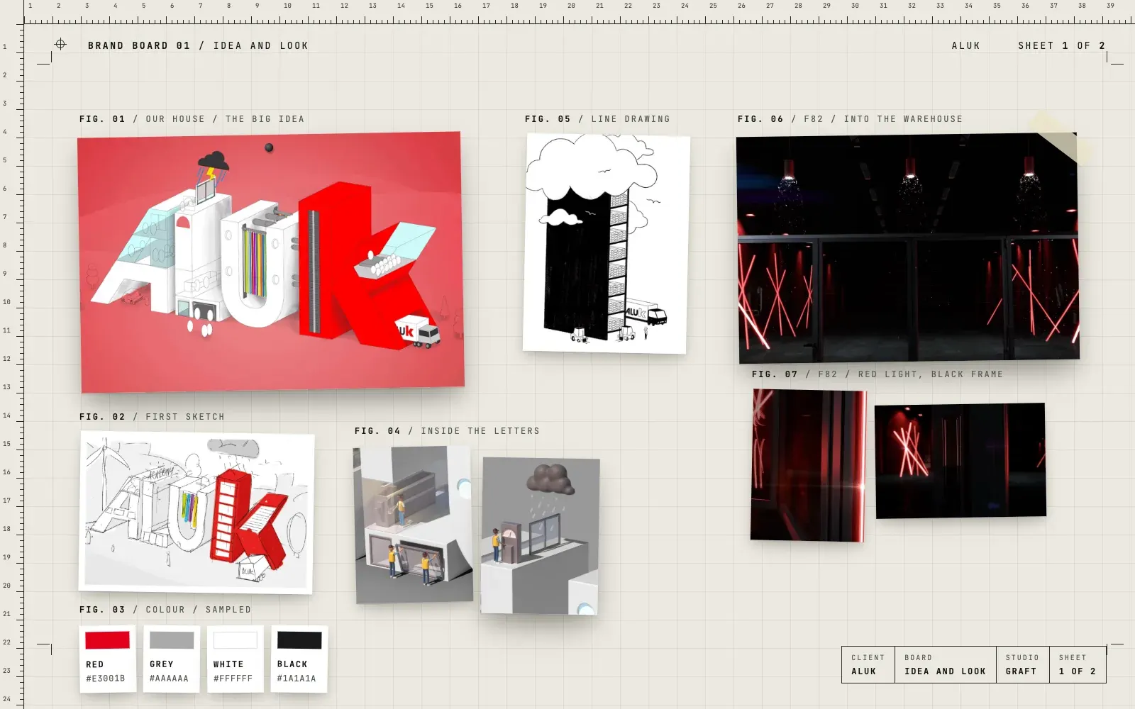 AluK campaign look: the AluK letters built as a house in CGI on red, the first pencil sketch, four colours, close-ups of tiny figures working inside the letters, a line drawing of the warehouse and the F82 door in a dark warehouse lit with red neon