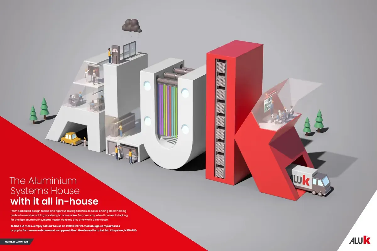 The Our House press ad, the giant AluK letters built as a house with rooms, a paint line and a delivery lorry, and the line The Aluminium Systems House with it all in-house.