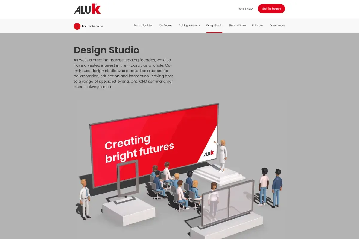 The design studio page of the Our House microsite, with tiny CGI figures watching a presentation on a red screen that reads Creating bright futures.