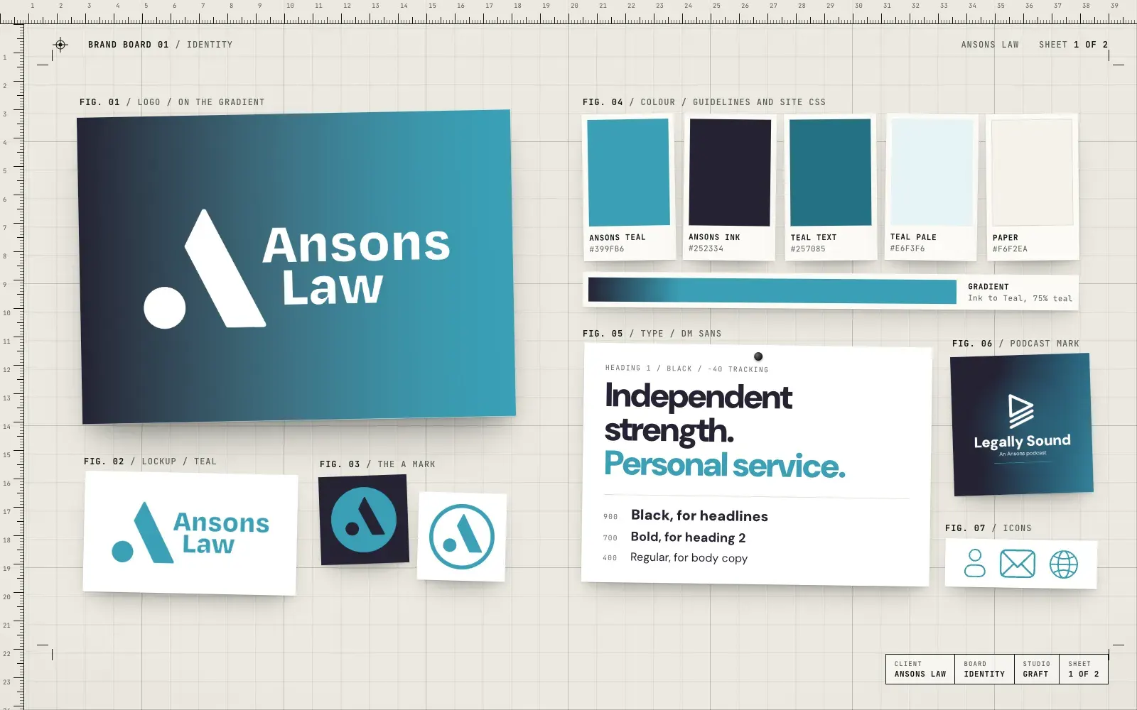 Ansons Law identity: the A mark and lockups on the ink to teal gradient, Ansons Teal and Ansons Ink, DM Sans, the podcast mark and contact icons