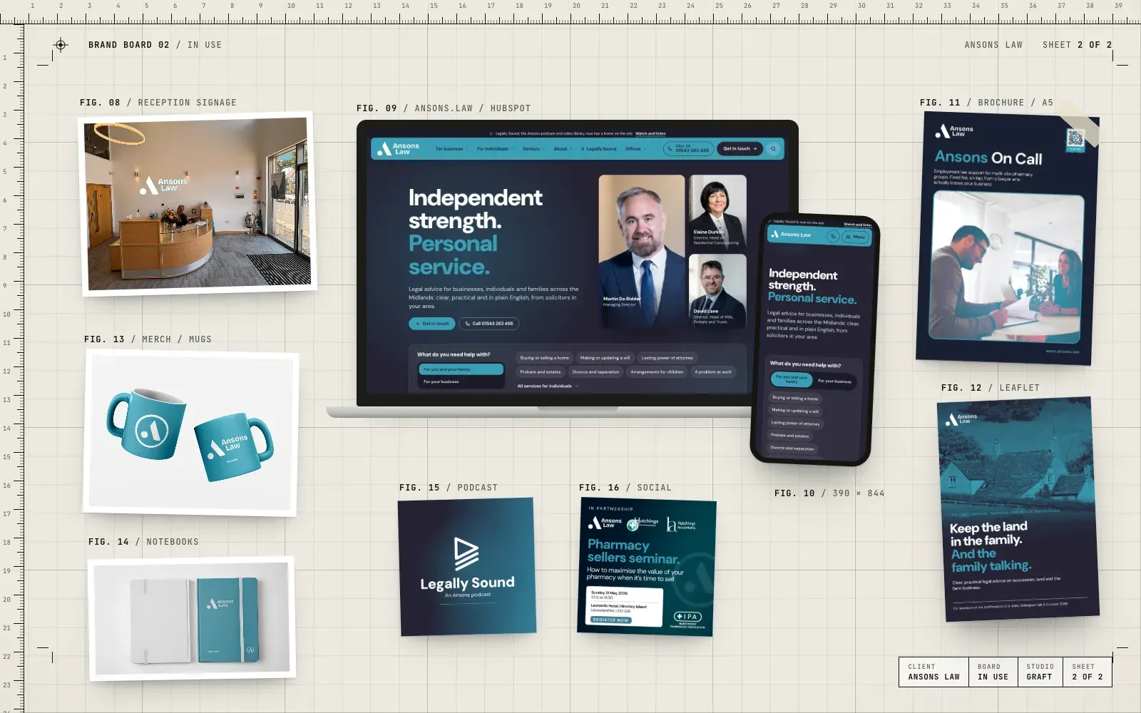 Ansons Law brand in use: the website on laptop and phone, reception signage, mugs, notebooks, the On Call brochure, a rural leaflet, the Legally Sound podcast artwork and a social post