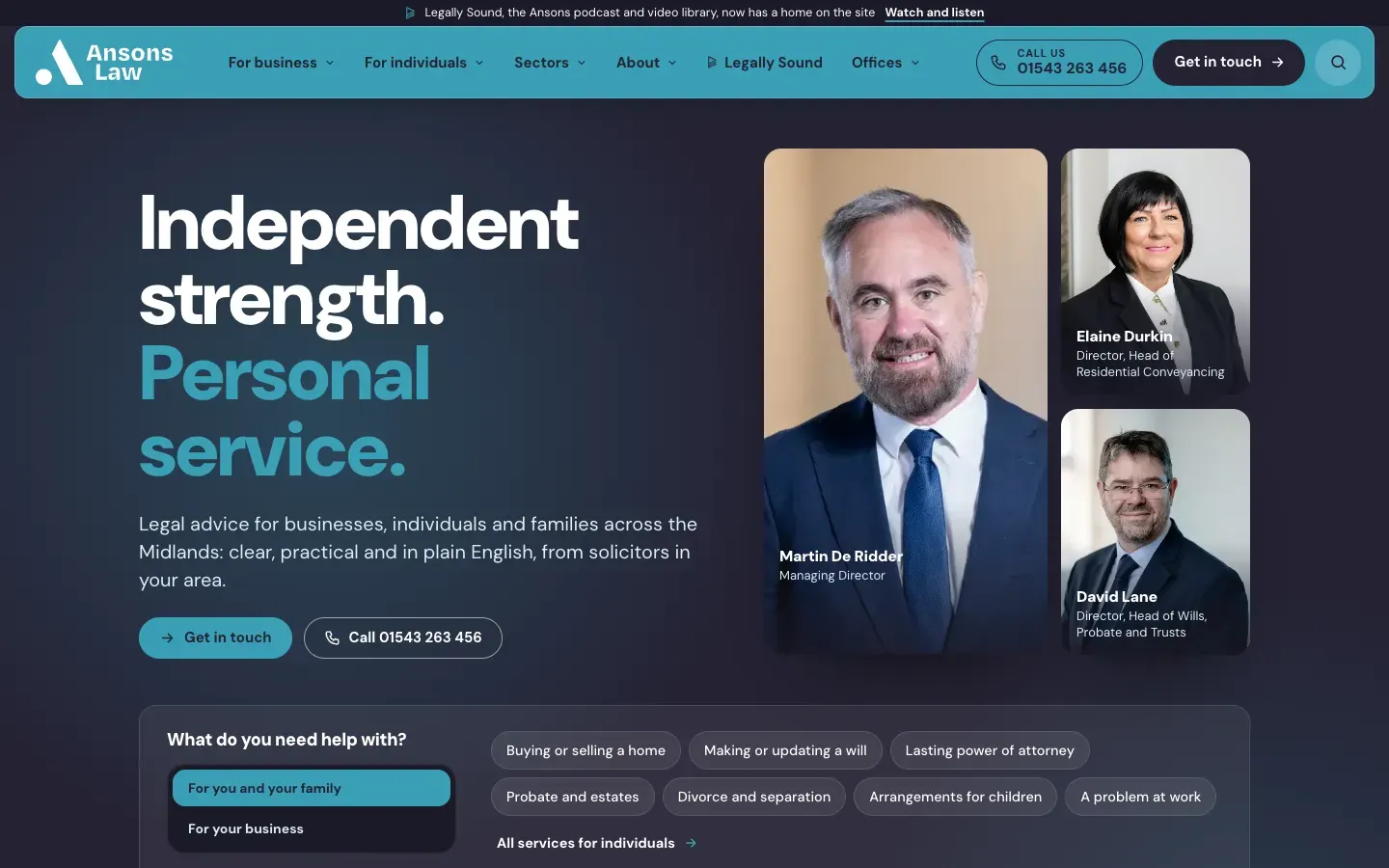 The Ansons Law homepage on a desktop screen, headed Independent strength. Personal service., with photos of three directors.