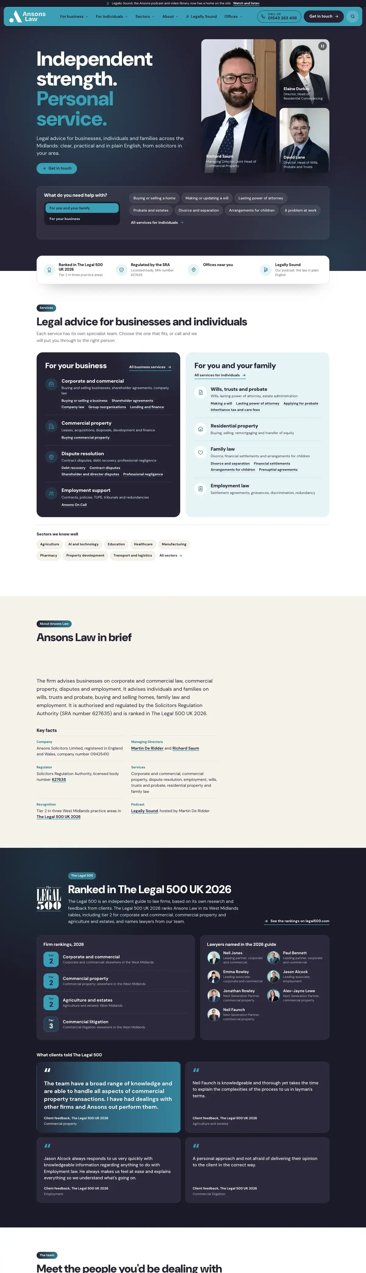 The Ansons Law homepage, top to bottom: the Independent strength. Personal service. hero with three solicitors' portraits, the service finder, services for business and for families, the firm in brief and the Legal 500 2026 rankings