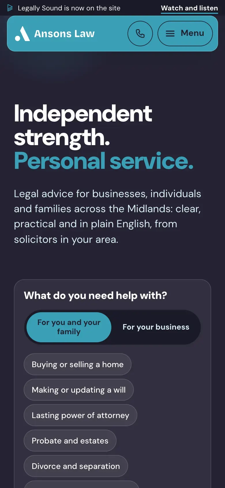 The Ansons Law homepage on a phone, with a panel asking What do you need help with?
