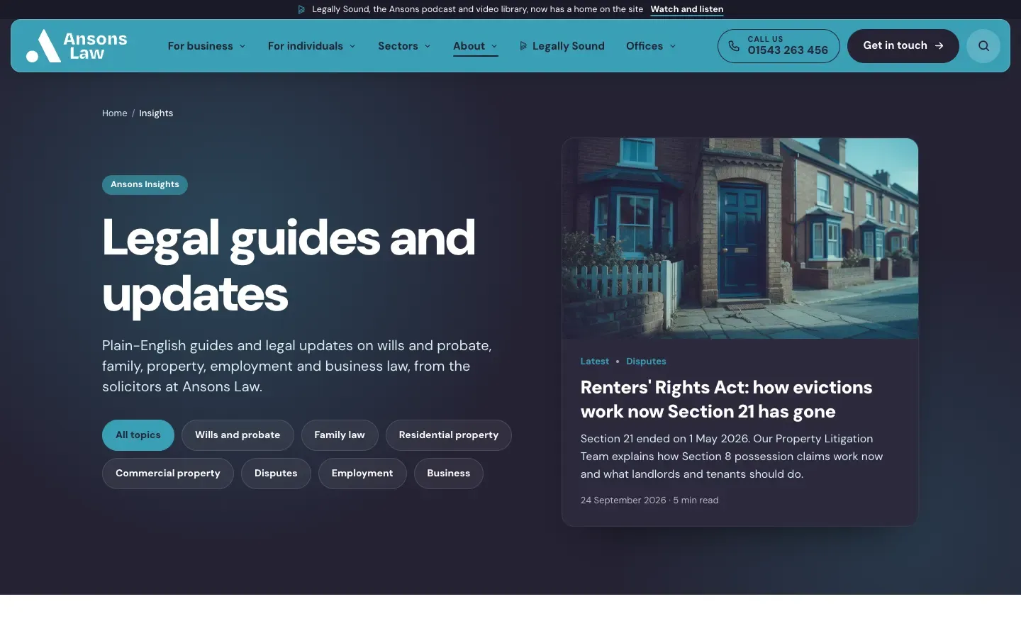 The Ansons Insights page on a desktop screen, headed Legal guides and updates, with topic filters and a featured article.