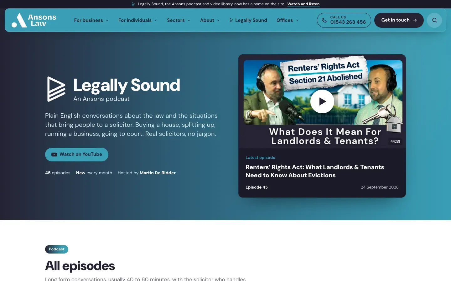 The Legally Sound page on the Ansons Law website, with the podcast logo and the latest episode ready to play.