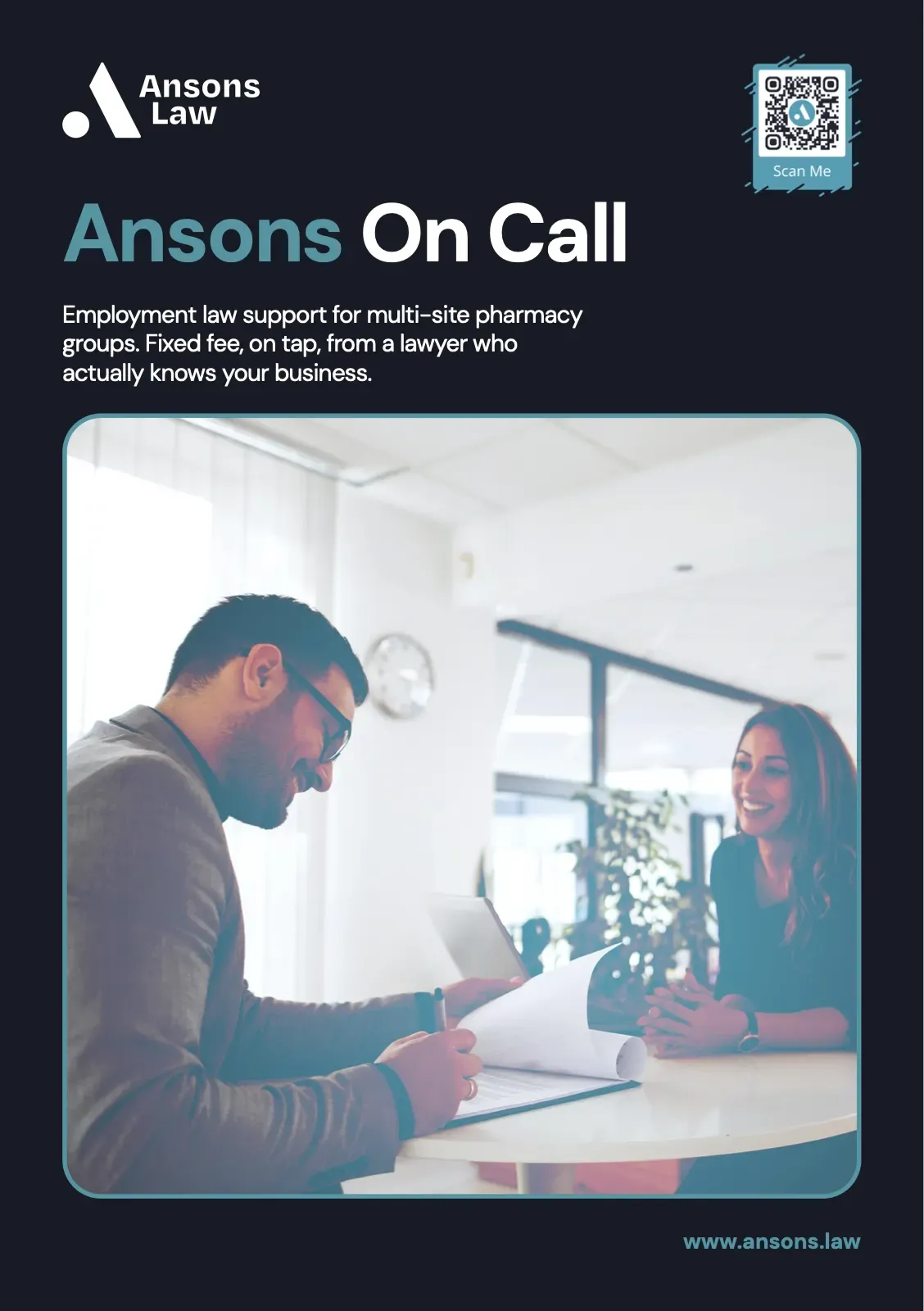 The cover of the Ansons On Call brochure, with a photo of a solicitor meeting a client at a table.