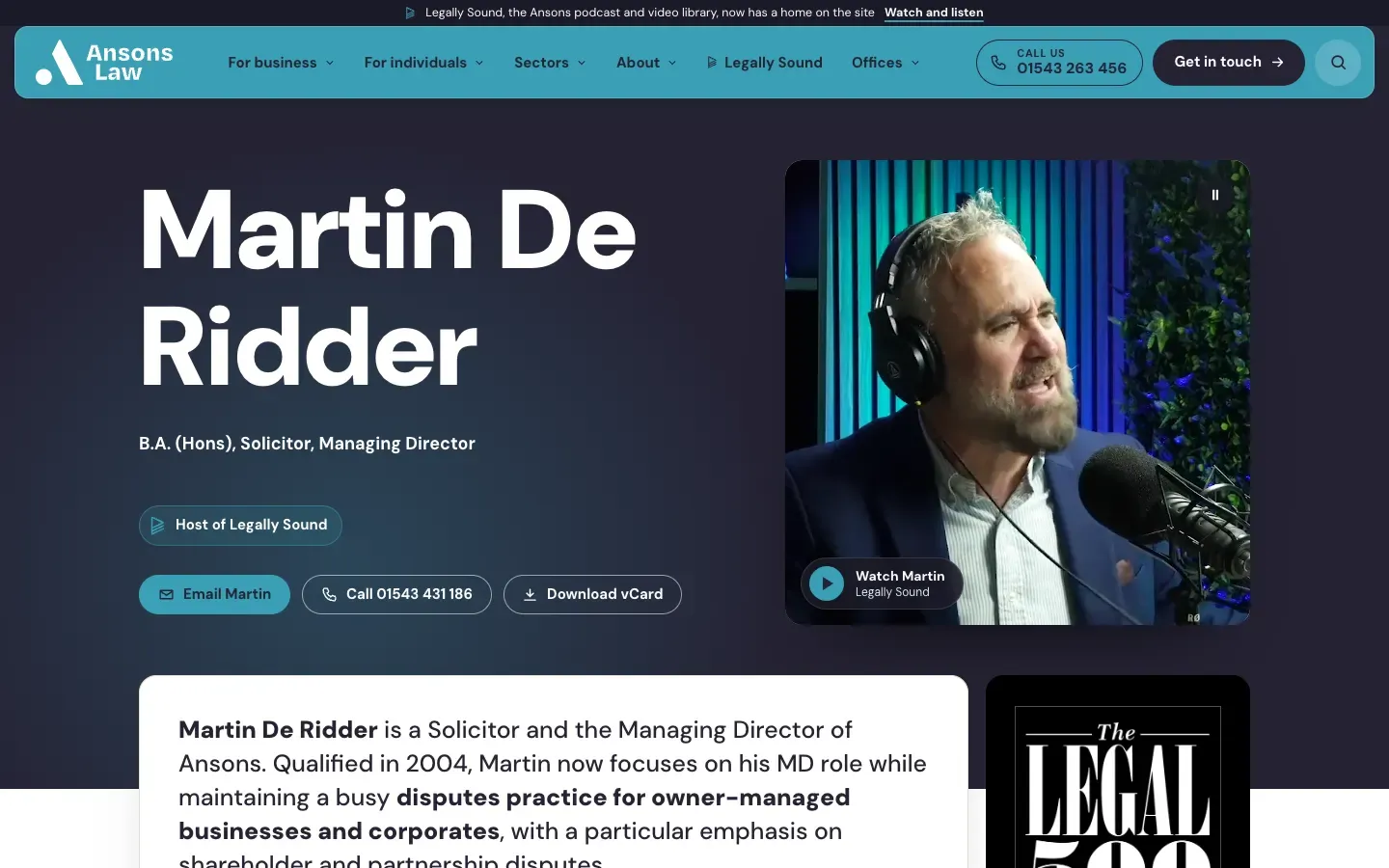 Martin De Ridder's profile page on the Ansons Law website, with his name, role, contact buttons and a still from the Legally Sound podcast.