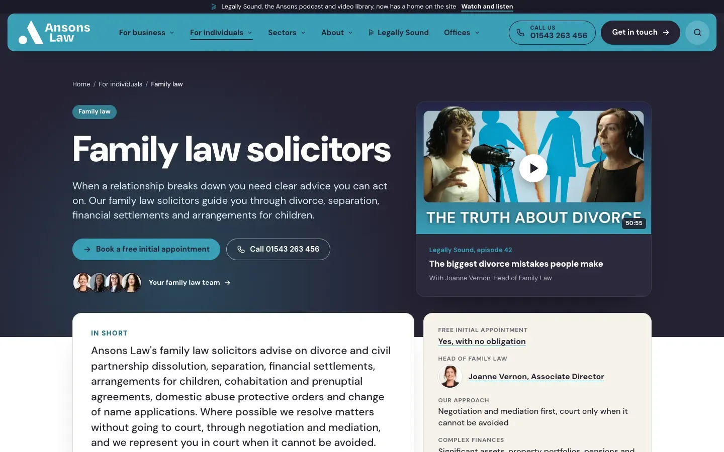 The Ansons Law family law page on a desktop screen, with the headline Family law solicitors, a Legally Sound video and an In short summary.