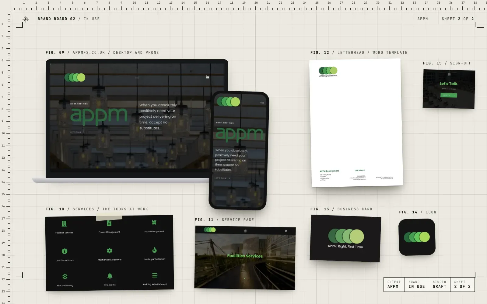 APPM brand in use: the appmfs.co.uk homepage on a laptop and a phone, the service icons on the site, a service page, the letterhead, a business card, the app icon and the Let's Talk sign-off