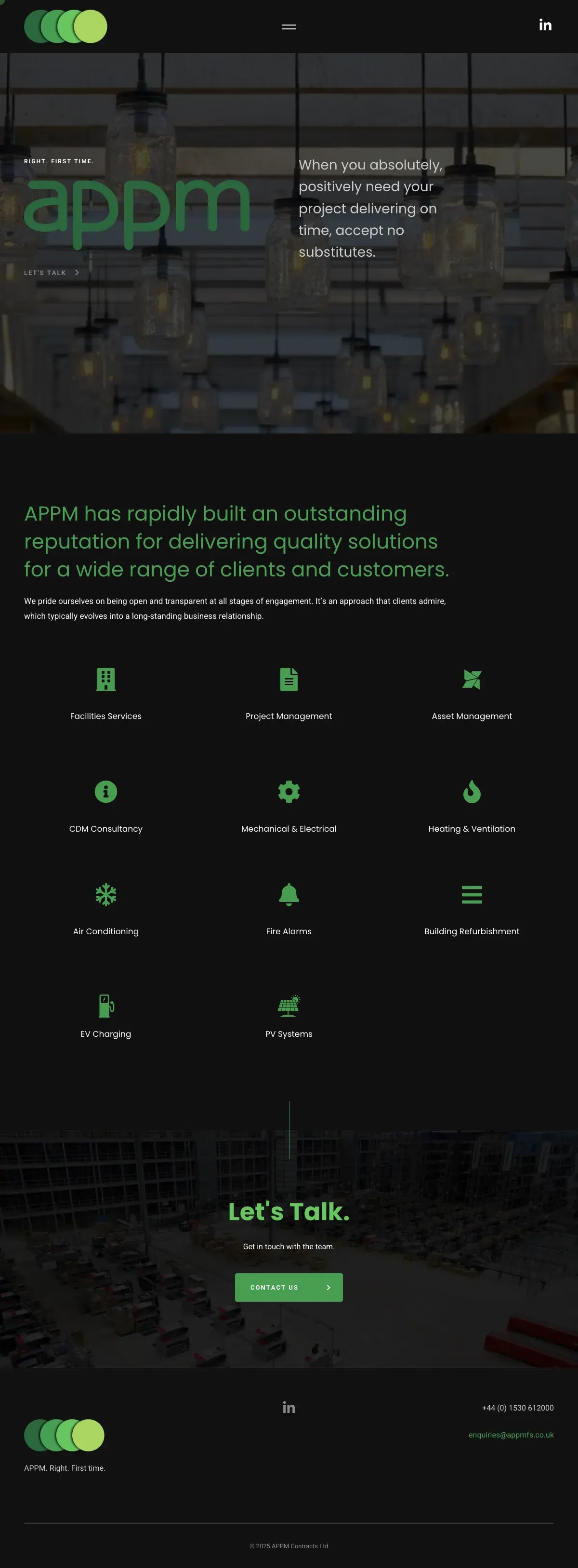 The APPM homepage, top to bottom: the appm wordmark over a dark hero with the line Right. First Time., a short introduction, a grid of green service icons, a Let's Talk panel and the footer with the four circles
