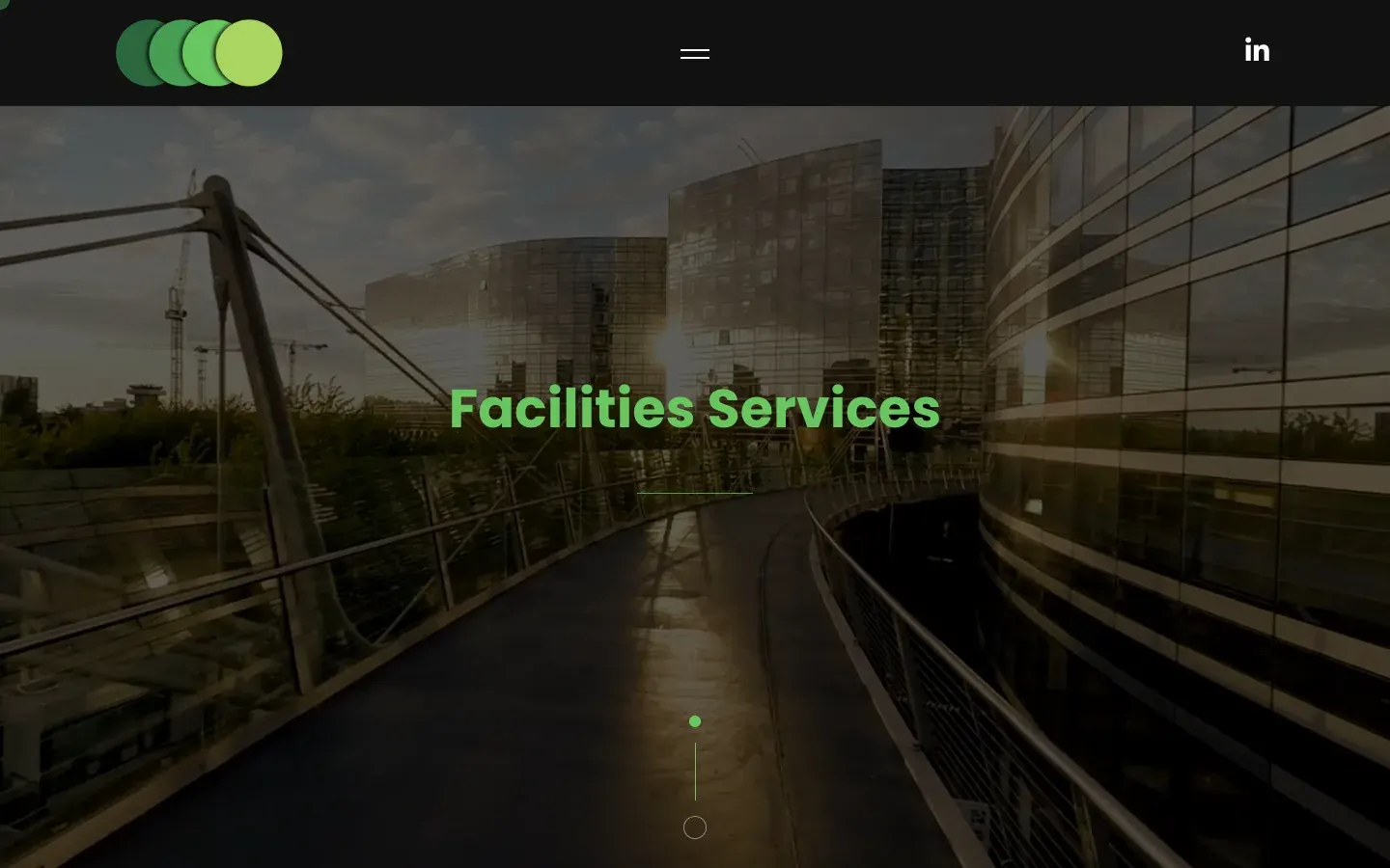The APPM Facilities Services page on a desktop screen, with the title in green over a footbridge and glass office buildings at dusk.