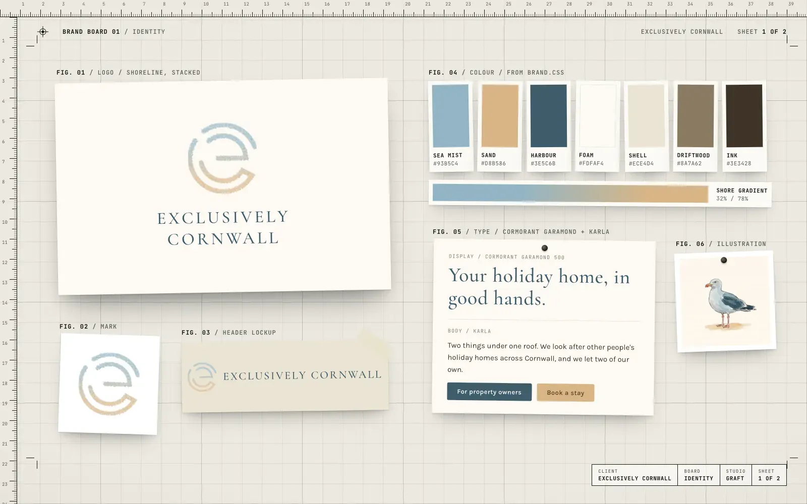 Exclusively Cornwall identity: the Shoreline mark, seven coastal colours, Cormorant Garamond and Karla, and the gull illustration