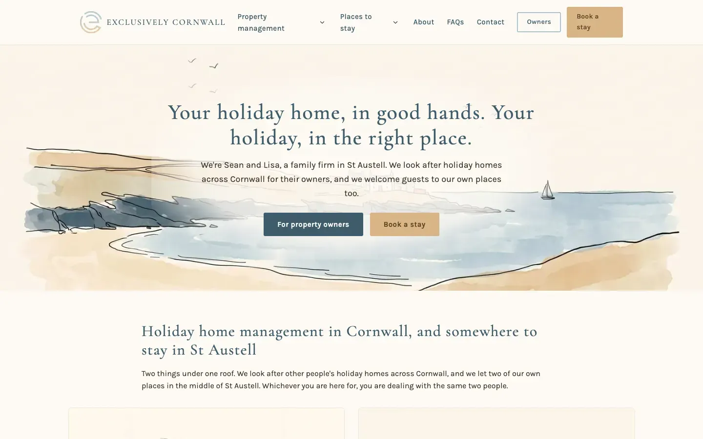 The Exclusively Cornwall homepage on a desktop screen, with a watercolour Cornish shoreline and buttons for property owners and booking a stay.