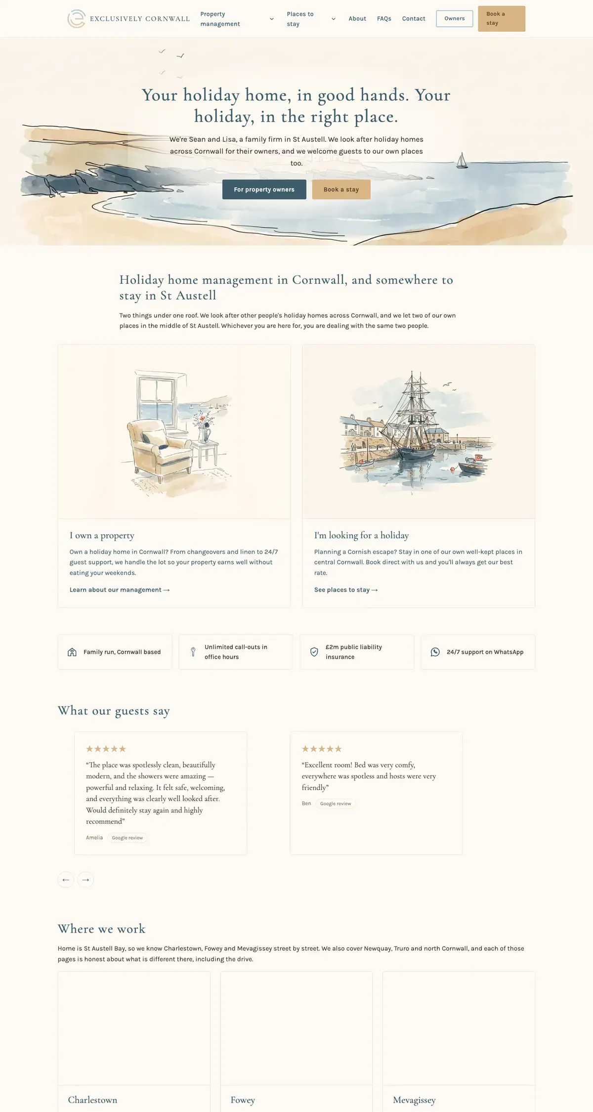 A long view of the Exclusively Cornwall homepage with illustrated cards for owners and guests, guest reviews and the areas they cover.