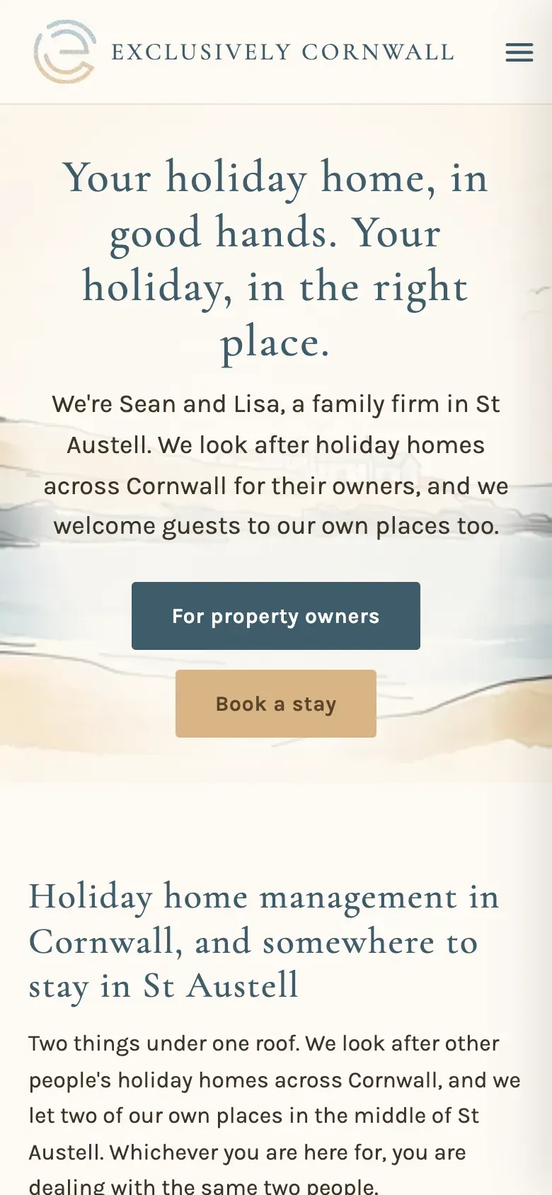 The Exclusively Cornwall homepage on a phone, introducing Sean and Lisa, a family firm in St Austell.