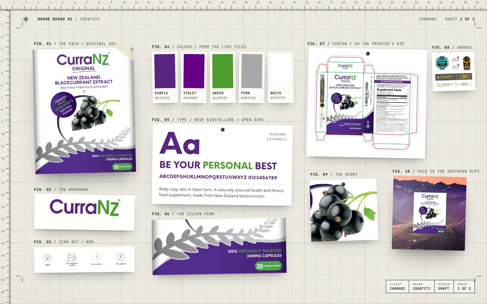 CurraNZ identity: the Original 30s pack, the purple and green wordmark, web icons, the colour palette, Neue Einstellung and Open Sans type, the silver fern, a carton on the printer's die, the awards block and the blackcurrants