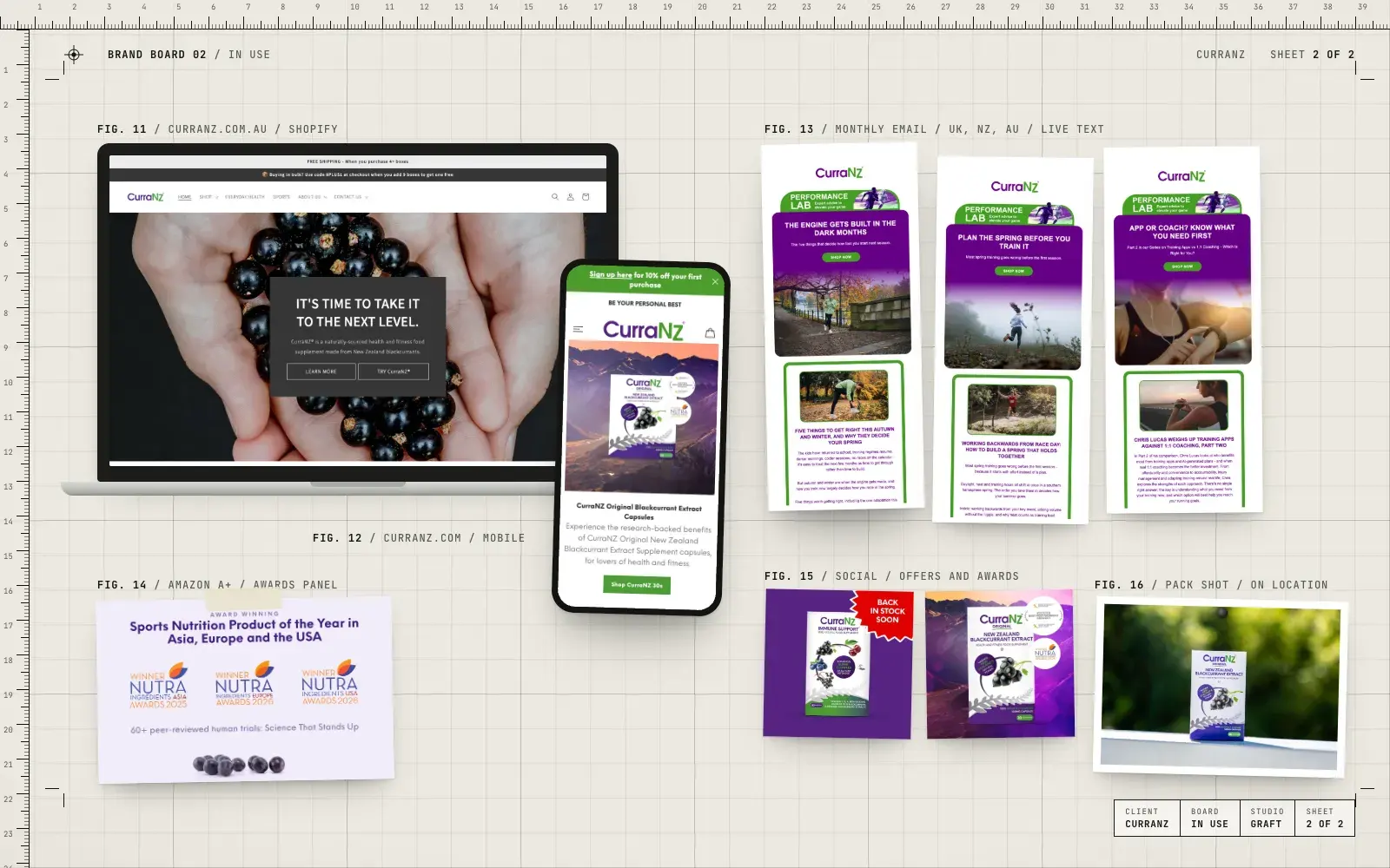 CurraNZ brand in use: the Australian store on a laptop, the UK store on a phone, three monthly emails, an Amazon A+ awards panel, two social posts and a pack shot on location