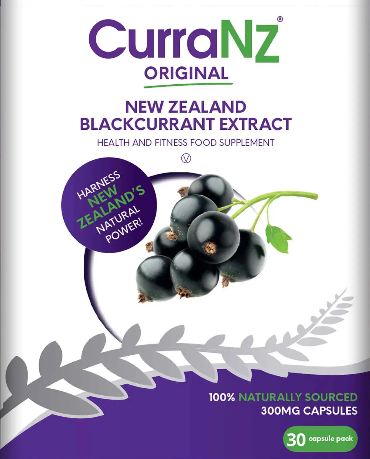 The front of a CurraNZ Original box, with blackcurrants and a silver fern on a white and purple pack.
