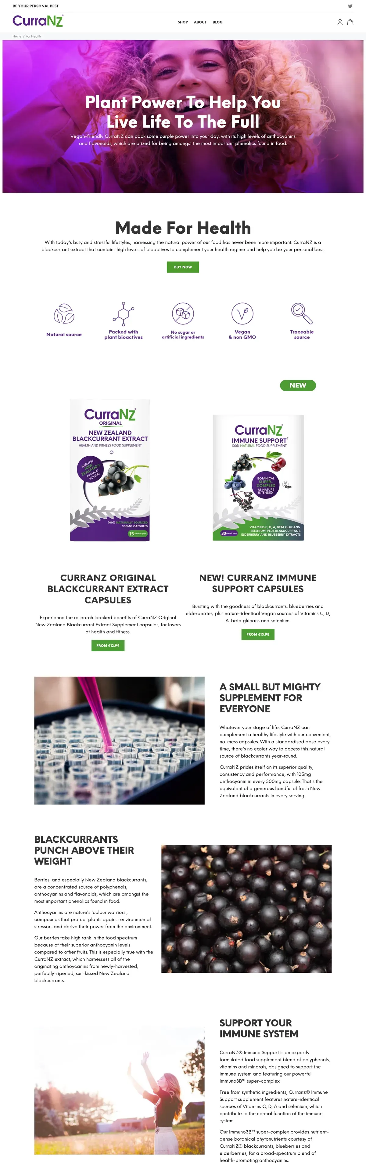 The CurraNZ UK For Health page, top to bottom: the Plant Power hero in purple, natural source icons, the Original and Immune Support packs, and sections on the capsule and New Zealand blackcurrants