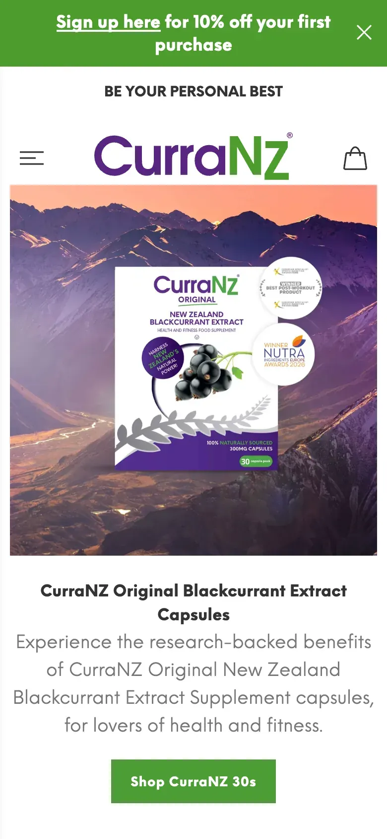 The CurraNZ UK homepage on a phone, with the purple and green wordmark and the Original pack against a mountain sunset.