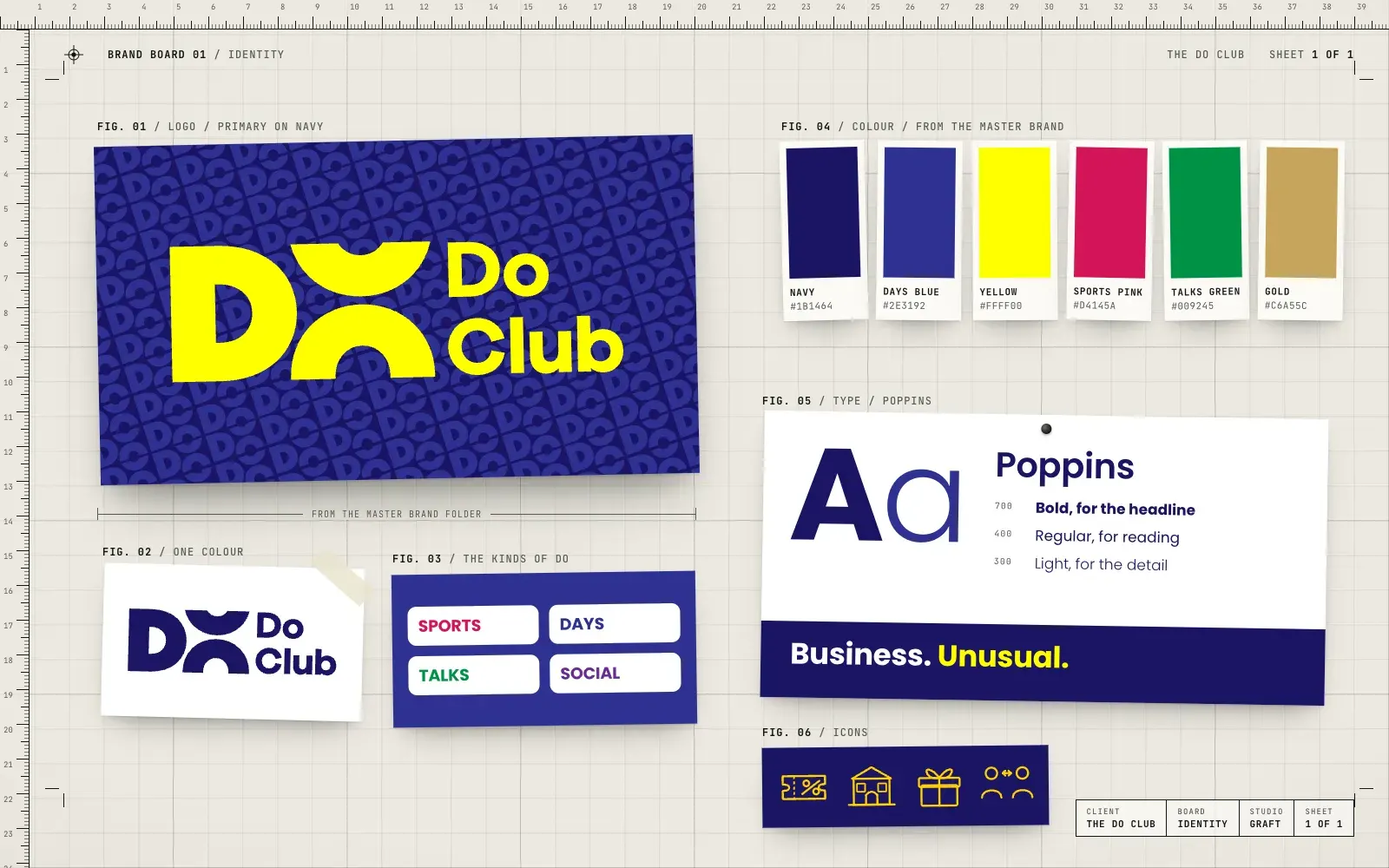 A brand board for The Do Club showing the yellow logo on the navy Do pattern, a one-colour logo, badges for Sports, Days, Talks and Social, six colour swatches, Poppins type and the club's icons.