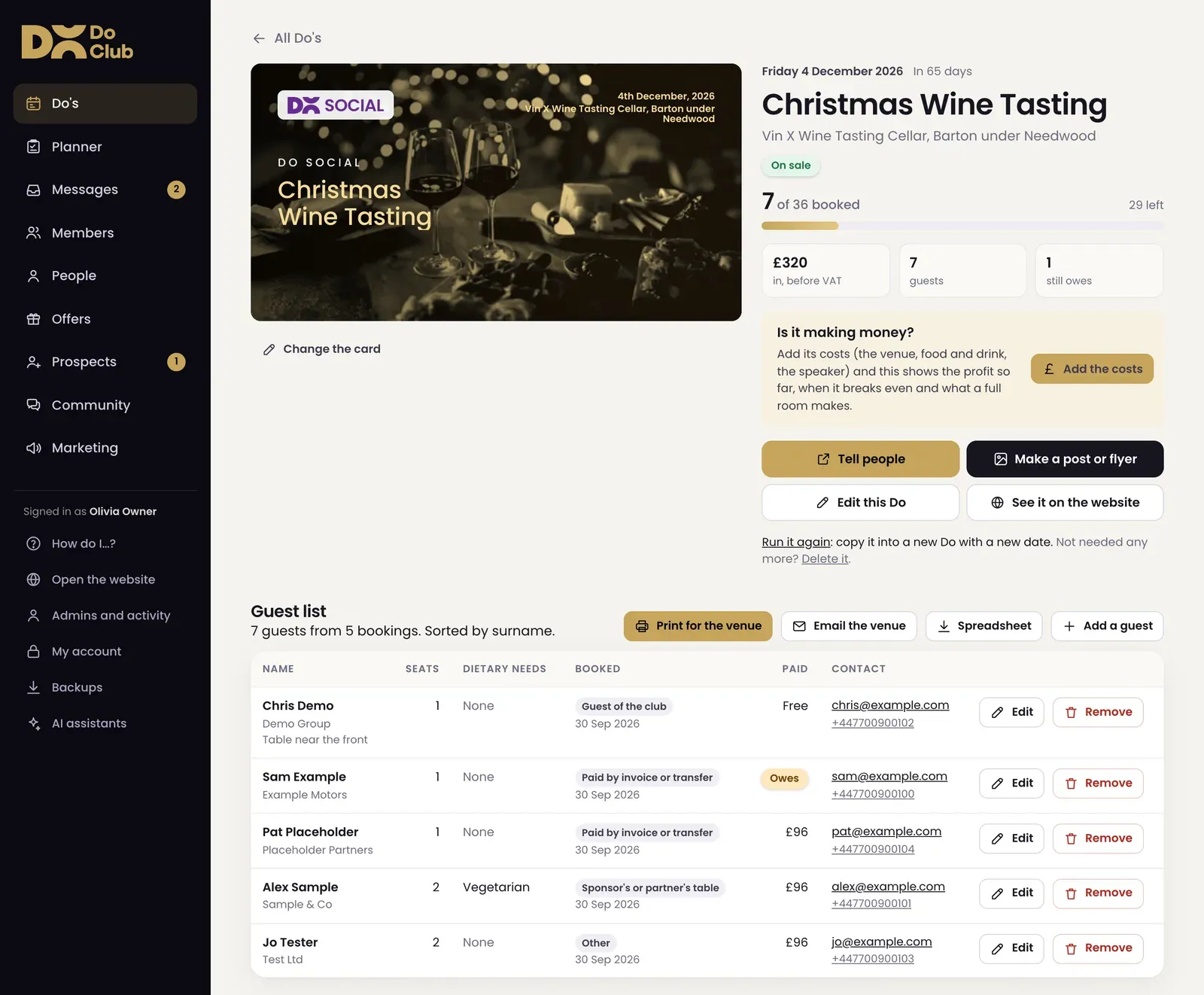 The Do Club dashboard showing a Do: the event card, seats booked and seats left, a Tell people button, and the guest list with dietary needs and how each guest booked. The names shown are sample data.