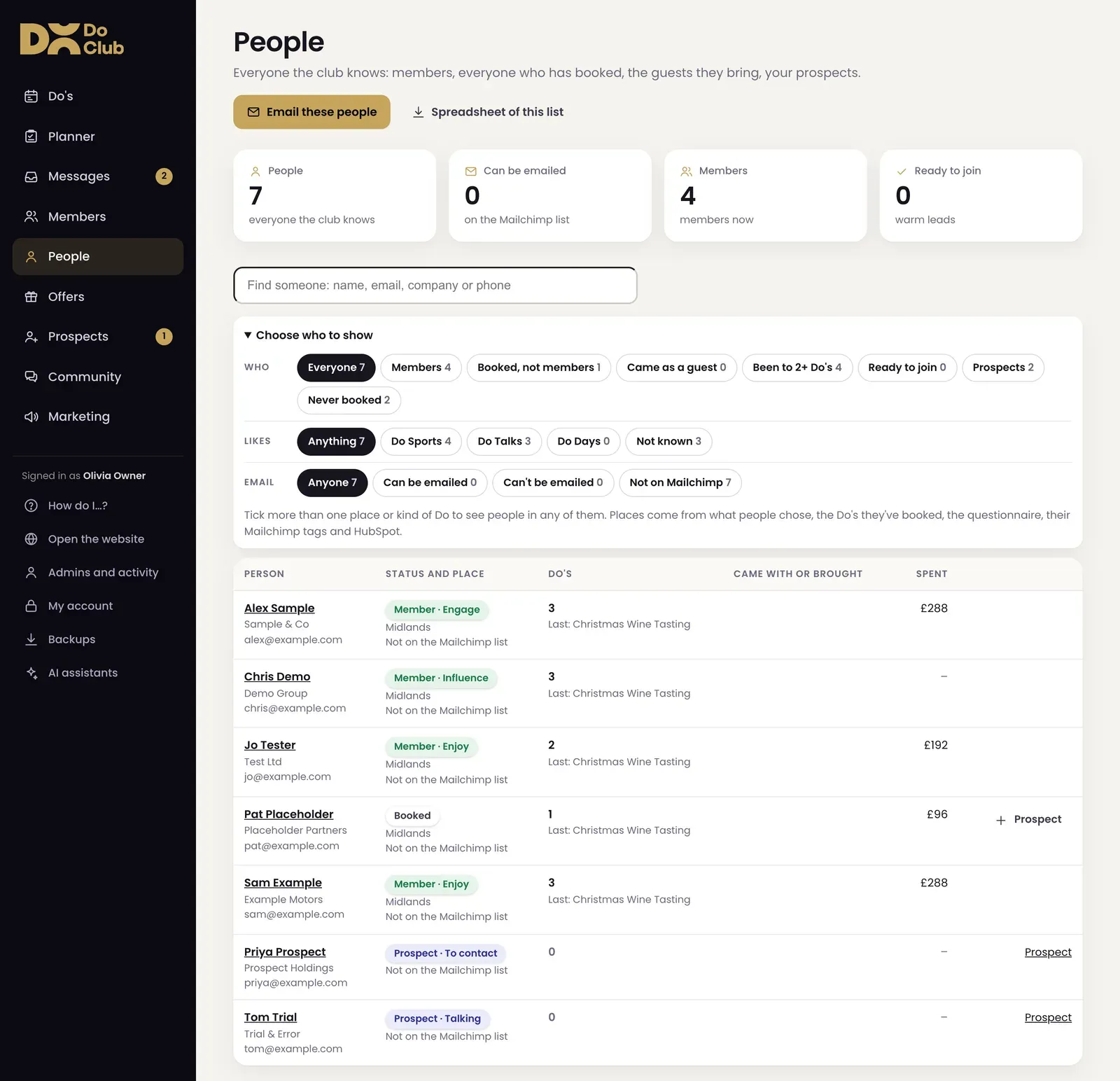 The People page in The Do Club dashboard, with counts for people, members and warm leads, filters for who to show, what they like and email, and a list of people with their status, Do's and spend. All names are sample data.