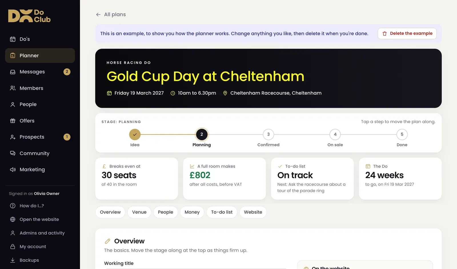 A plan in The Do Club's planner for an example racing day, showing the stages from idea to done, how many seats it needs to break even, what a full room makes, the to-do list and weeks to go.