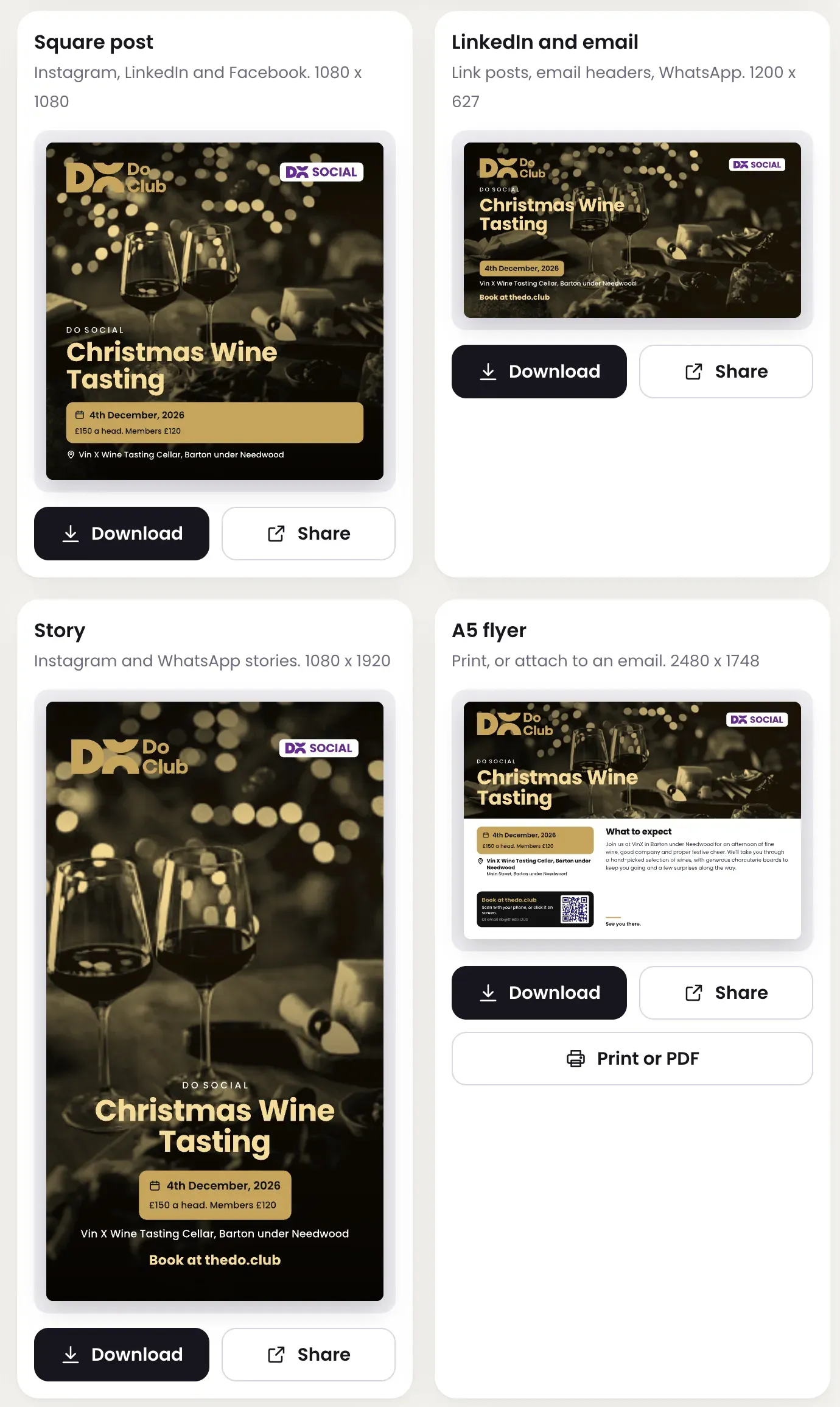 The Do Club studio showing a square post, a LinkedIn picture, a story and a flyer for a Christmas Wine Tasting, each with Download and Share buttons.