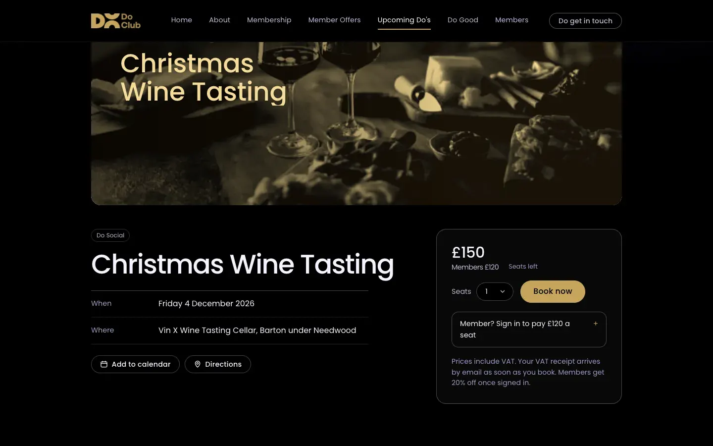 A Do page on the new website for a Christmas Wine Tasting, with the event card, the date and venue, Add to calendar and Directions buttons, and a booking box with seats and a Book now button.