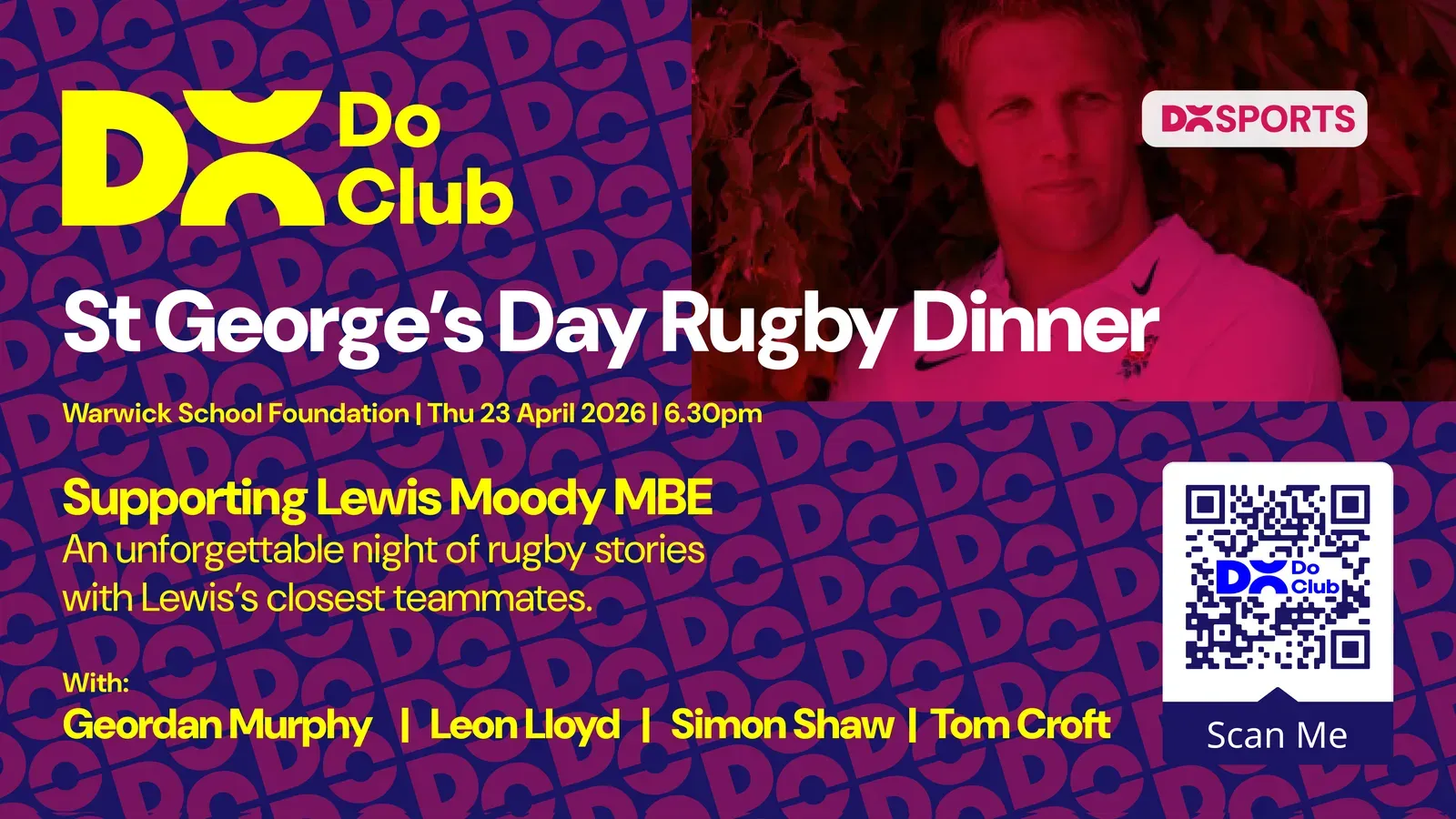 A Do Club digital screen for the St George's Day Rugby Dinner, with the logo in yellow, the Do Sports badge, the guests' names and a Scan Me QR code, all on the pink and navy Do pattern.