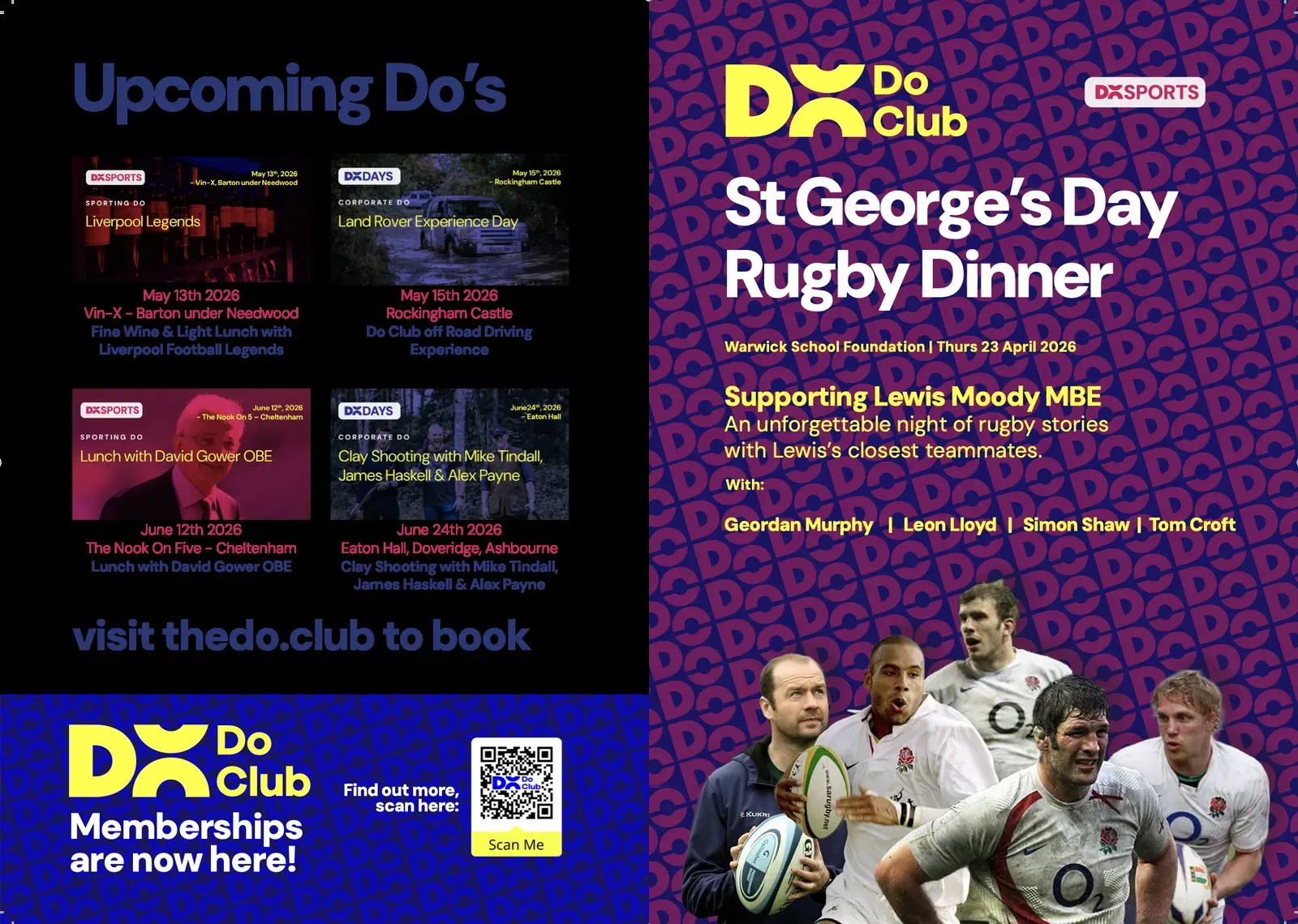 A Do Club table card: on one side the upcoming Do's with a Memberships are now here panel and QR code, on the other the St George's Day Rugby Dinner in the Do Sports colours.