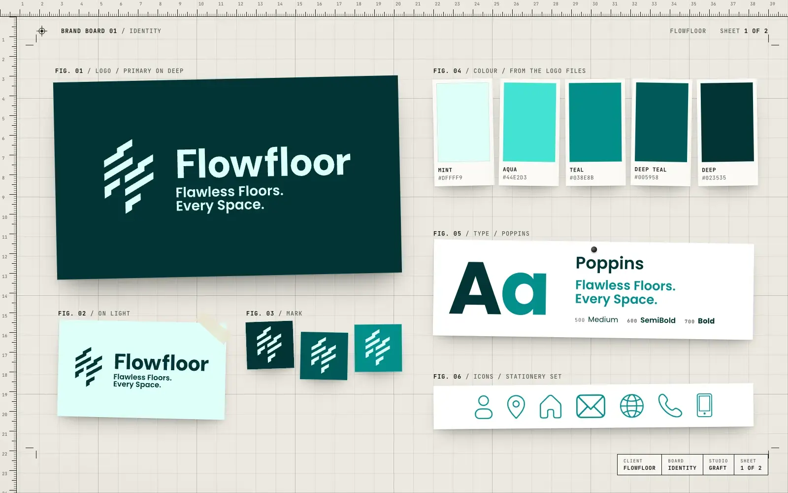 FlowFloor identity: the logo on deep teal and mint, the square marks, five teal colours, Poppins and the stationery icons