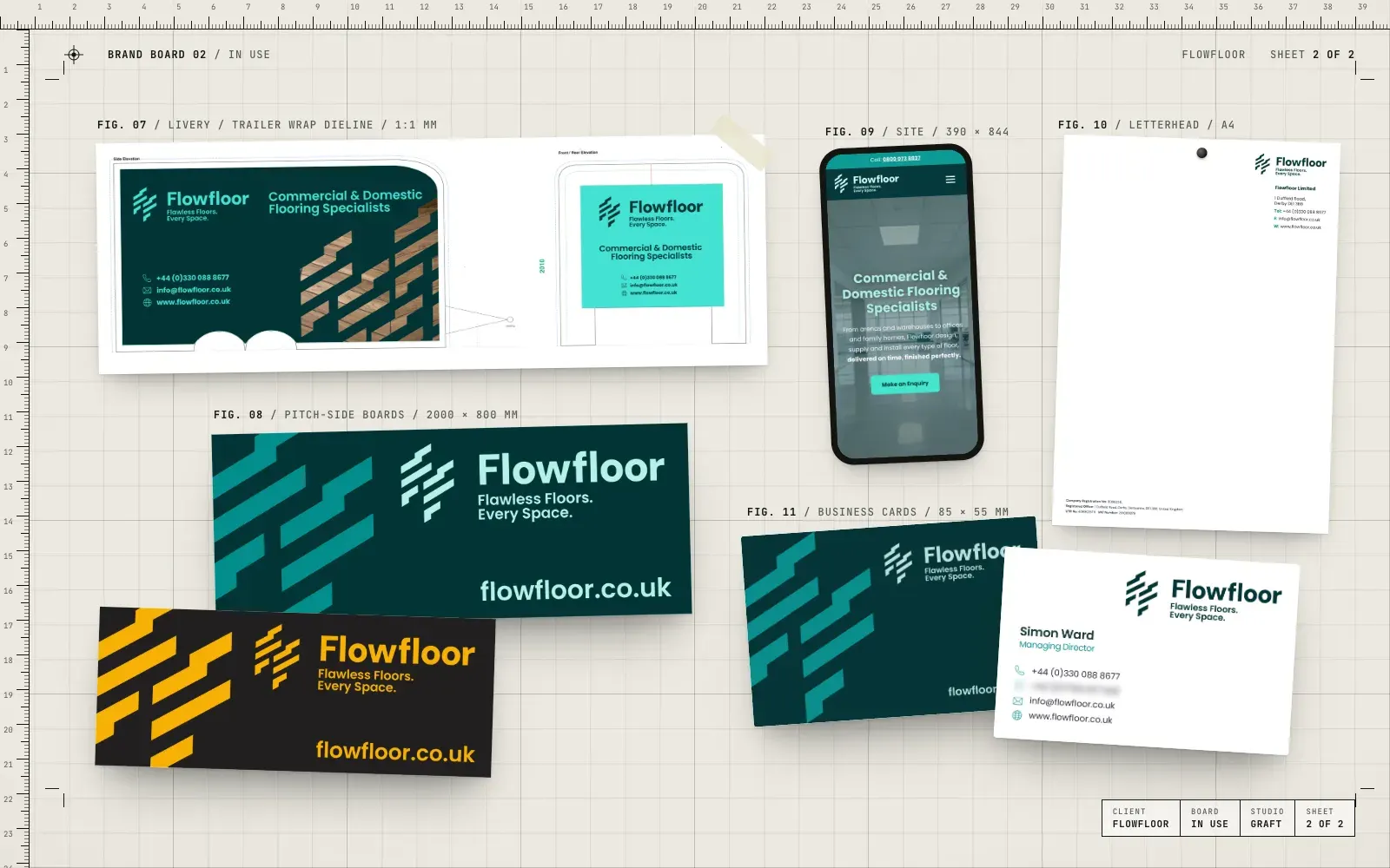 FlowFloor brand in use: trailer wrap, pitch-side boards, website on a phone, letterhead and business cards