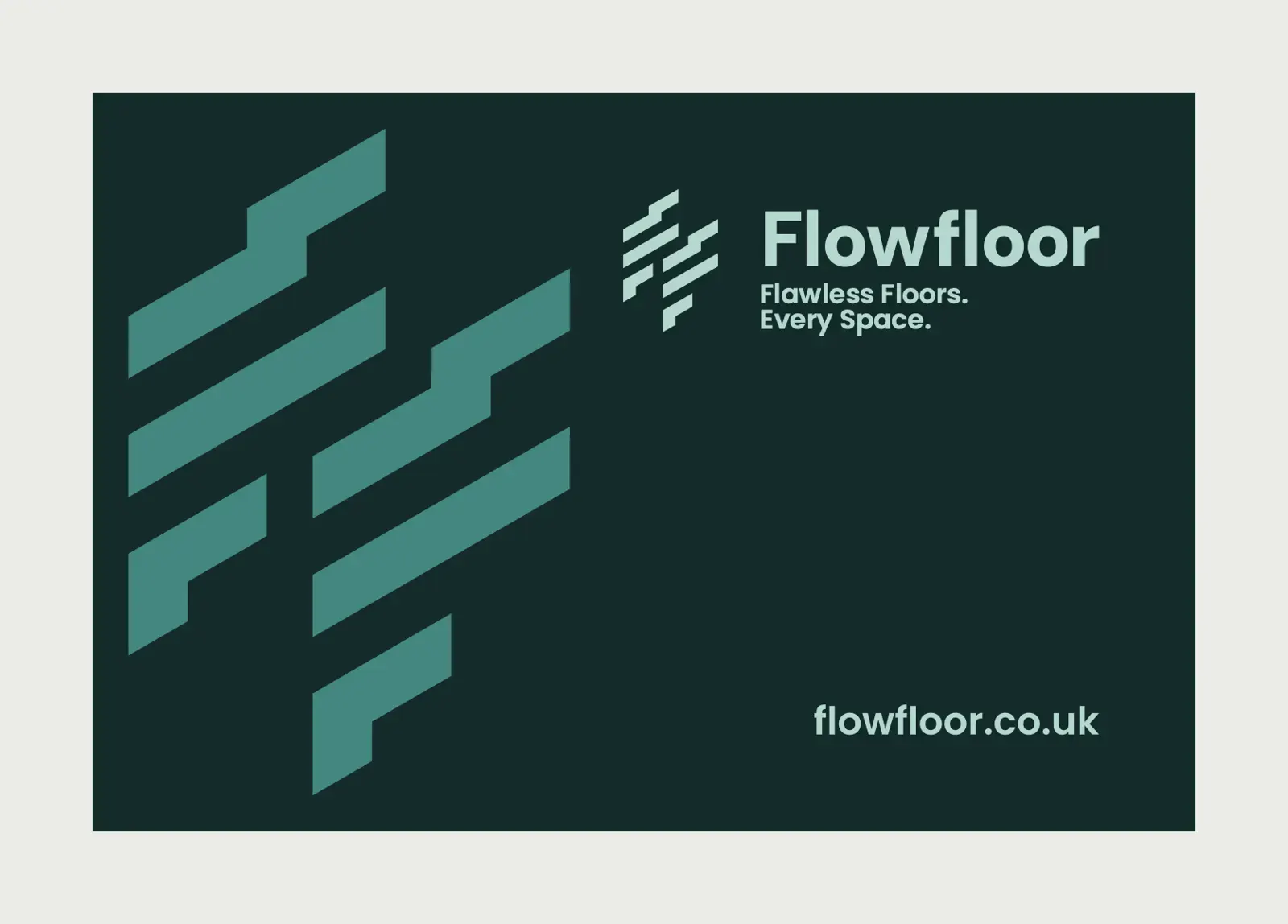 The front of a dark green FlowFloor business card with the logo, the line Flawless Floors. Every Space. and the web address.