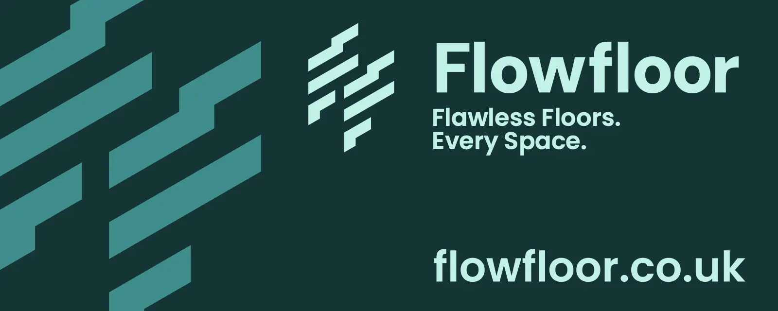 A wide dark green FlowFloor sign with the logo, the strapline and flowfloor.co.uk in large letters.