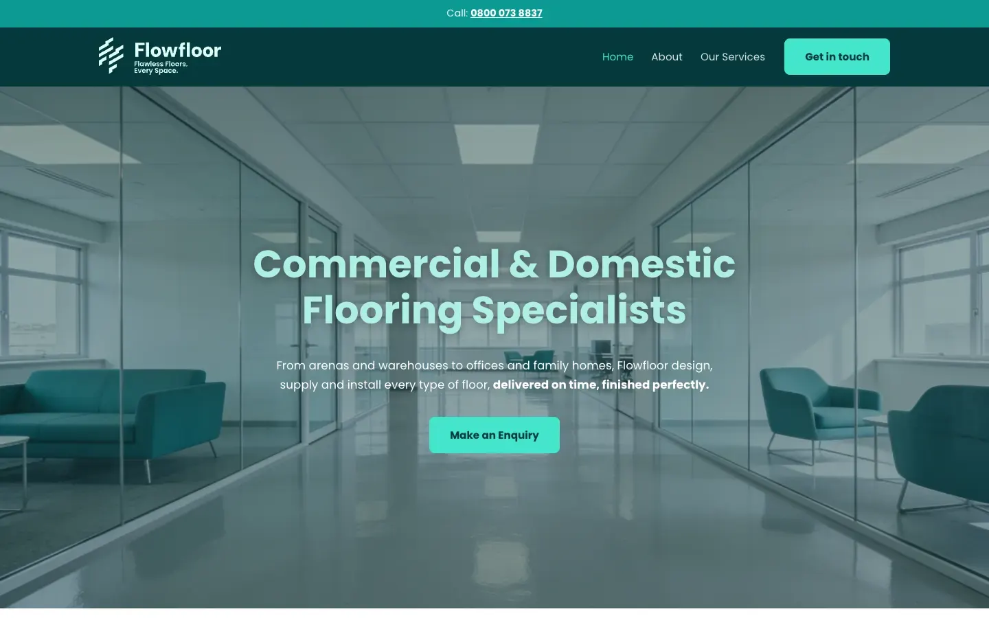 The FlowFloor homepage on a desktop screen, headed Commercial and Domestic Flooring Specialists over a bright office.