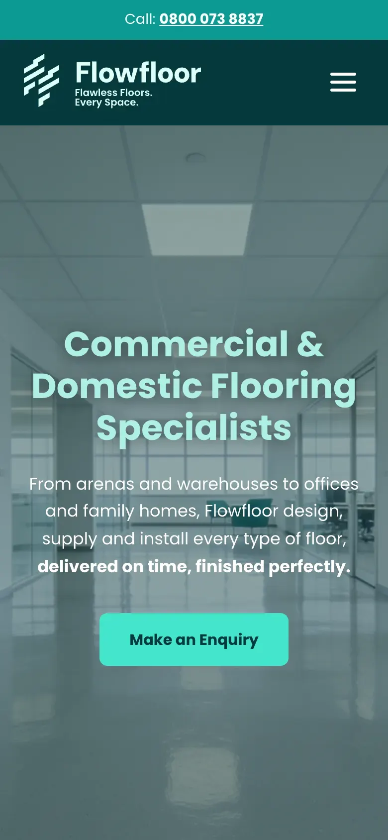 The FlowFloor homepage on a phone, with a call bar and a Make an Enquiry button.