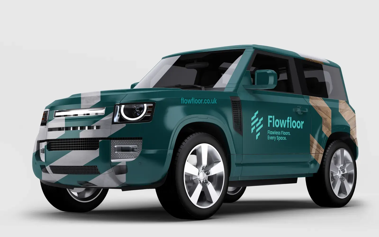 A dark green four-by-four in FlowFloor livery, with the logo on the door and the brand's stripes along the side.