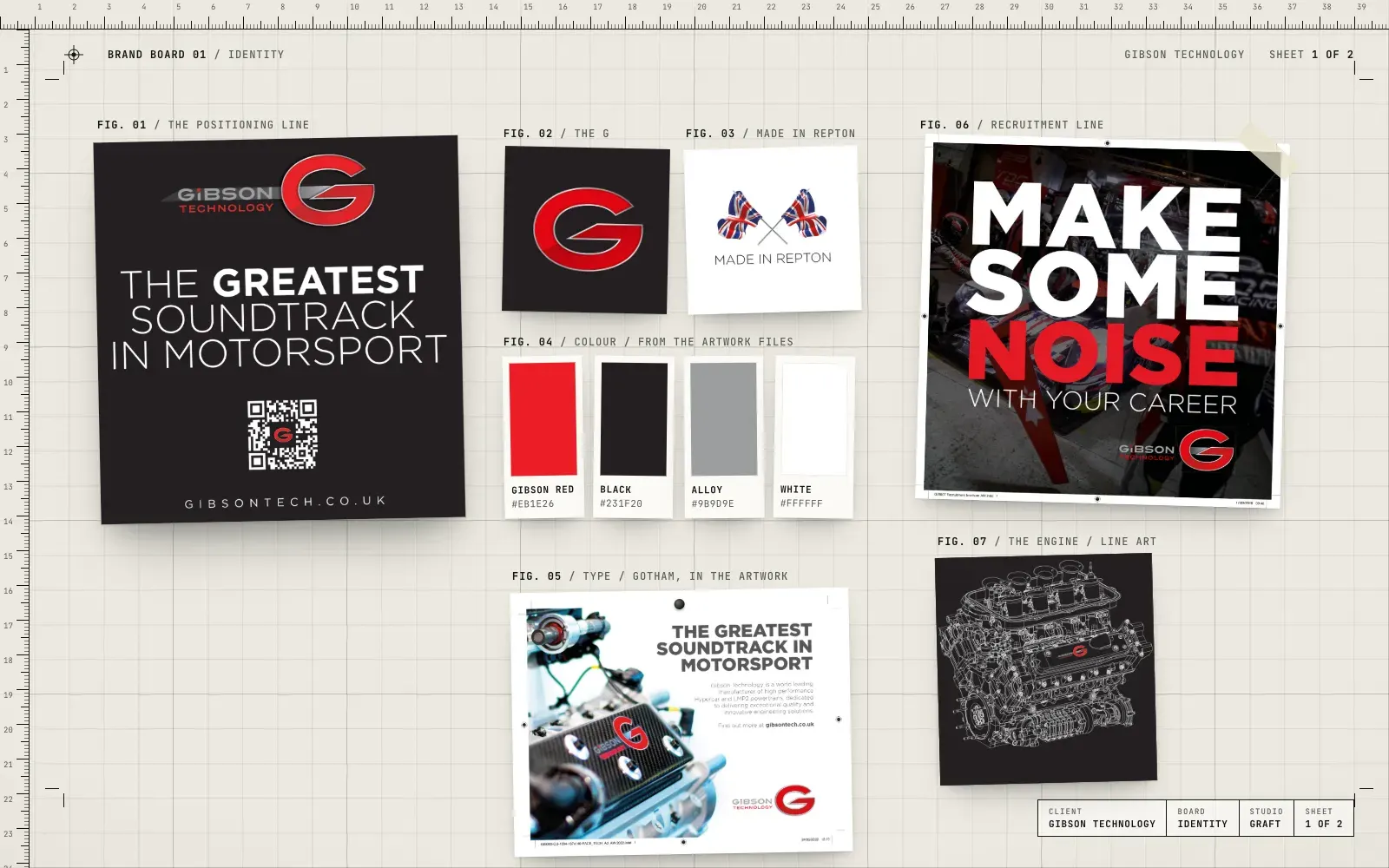 Gibson Technology identity: The Greatest Soundtrack in Motorsport artwork, the red G, the Made in Repton mark, four colours, a press advert set in Gotham and the engine in line art