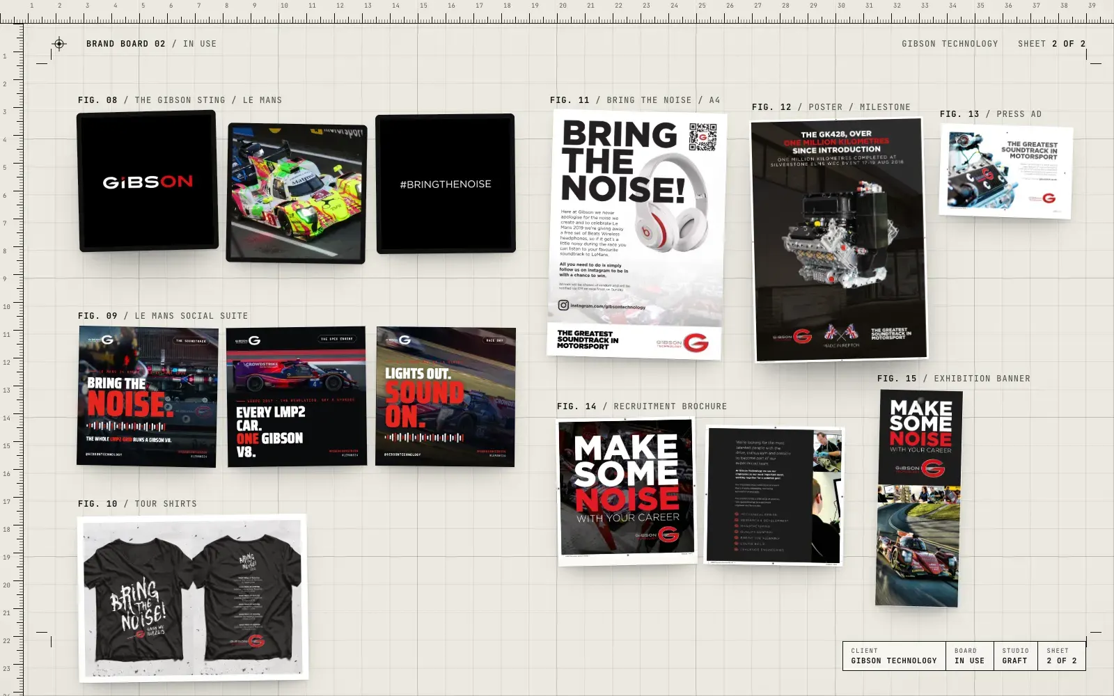 Gibson Technology brand in use: frames from the Gibson sting, the Le Mans social suite, tour shirts, the Bring the Noise poster, a milestone poster, a press advert, the recruitment brochure and an exhibition banner