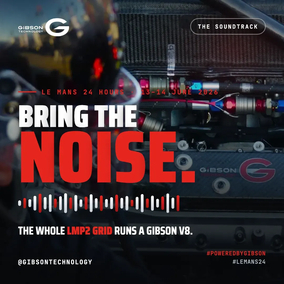 A Gibson Technology social post for Le Mans reading Bring the noise, over an engine bay, with a red sound wave and the line The whole LMP2 grid runs a Gibson V8.
