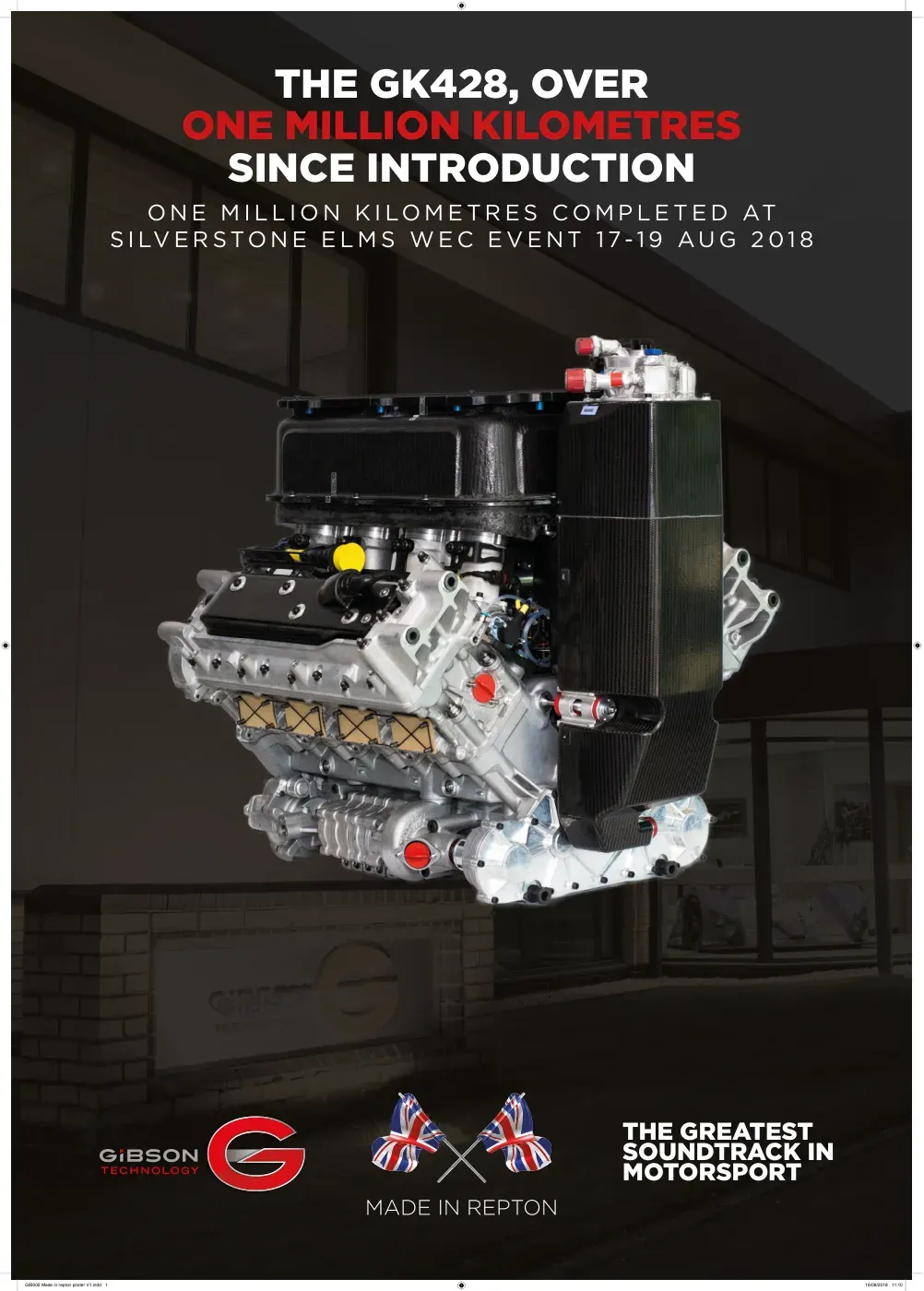 A dark Gibson Technology poster celebrating the GK428 engine, with a photo of the engine, the red G and the Made in Repton mark.