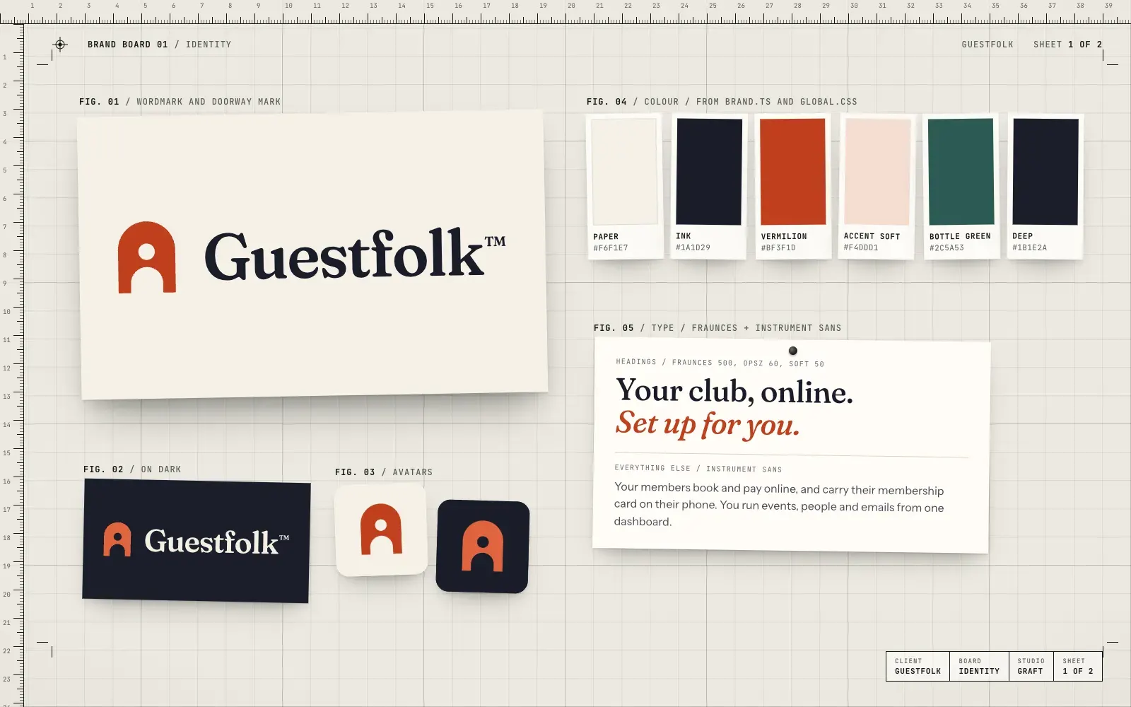 Guestfolk identity: the doorway mark and Guestfolk wordmark, six colours, Fraunces and Instrument Sans, and the app avatars