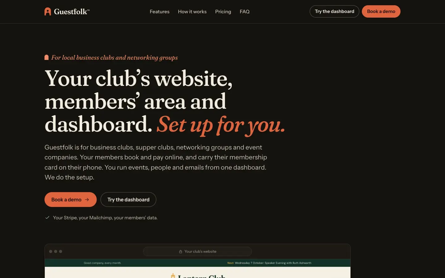 The Guestfolk homepage on a desktop screen, headed Your club's website, members' area and dashboard. Set up for you.