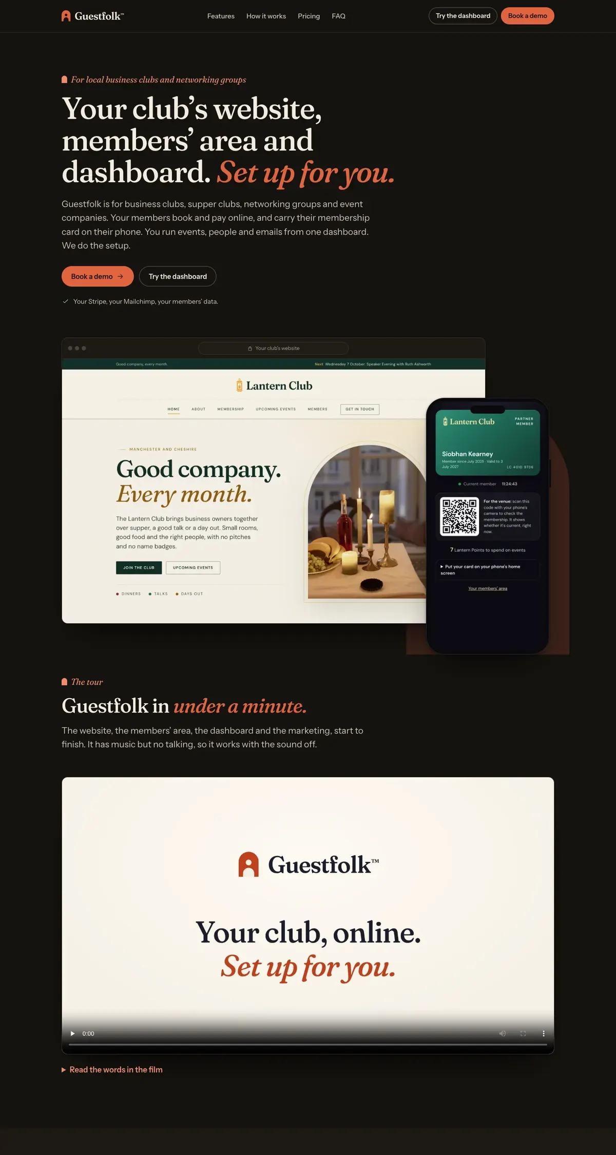 A long view of the Guestfolk homepage, showing the Lantern Club demo site on a laptop and a phone.